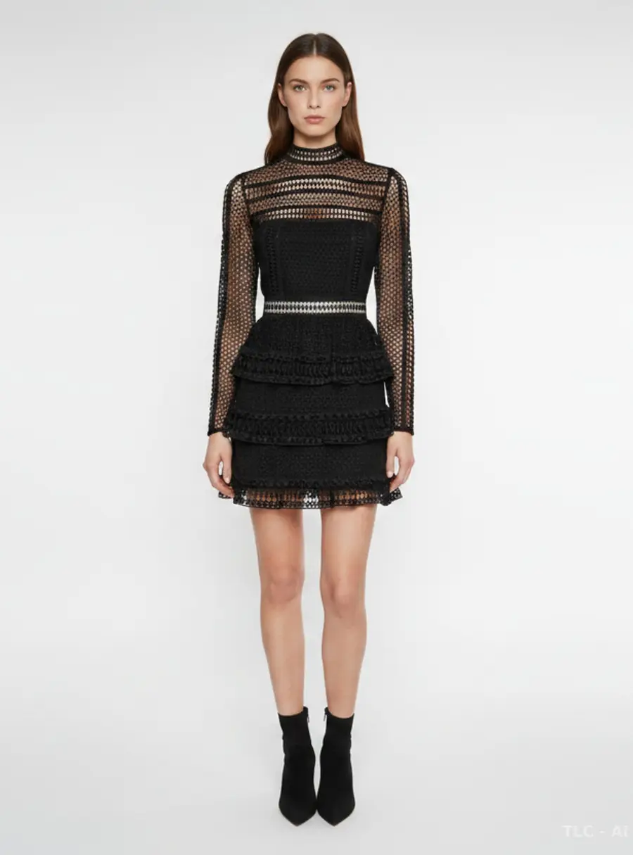 Self-Portrait Black Guipure Lace Sheer Mock-Neck Mini Dress S