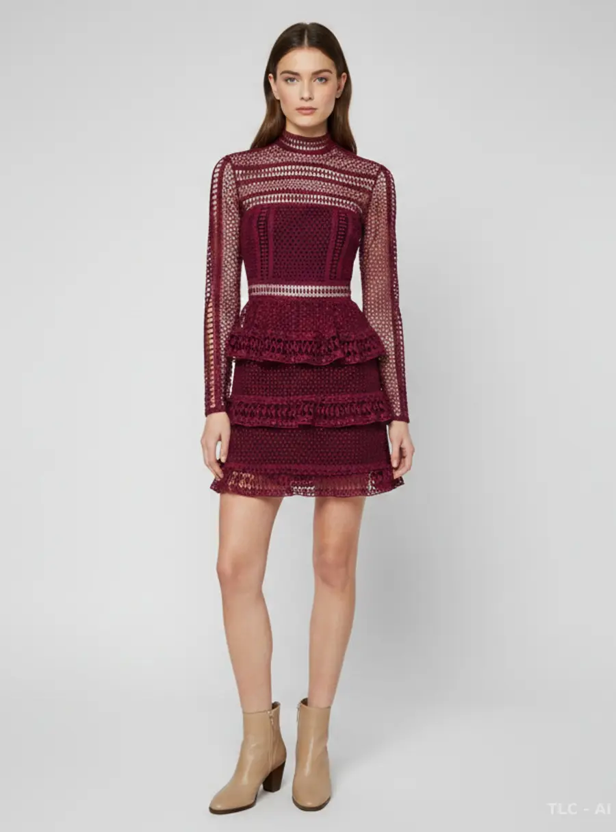 Self-Portrait Burgundy Guipure Lace Sheer Ruffle Mini Dress S