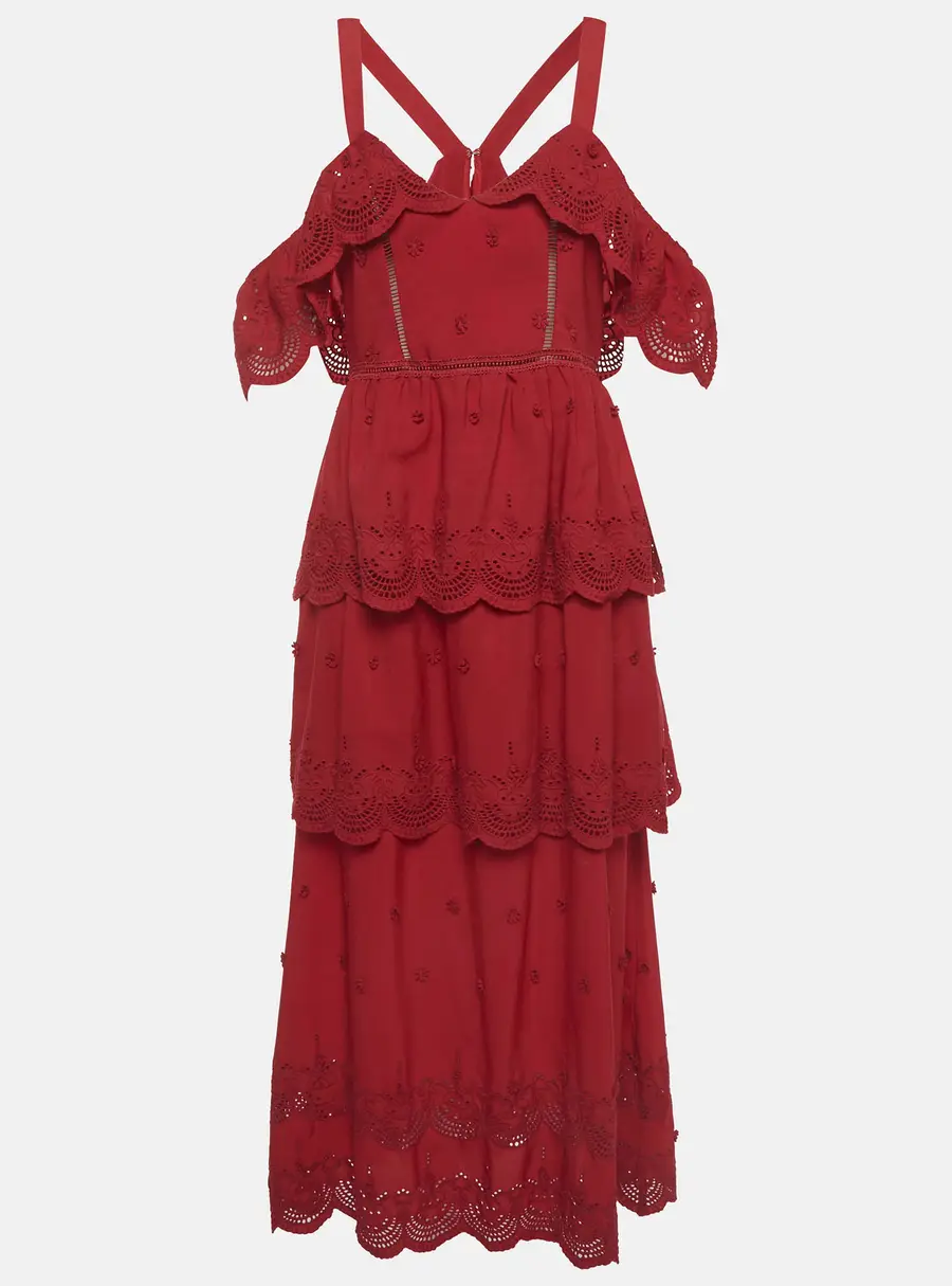 Self-Portrait Red Lace Tiered Off-Shoulder Midi Dress M