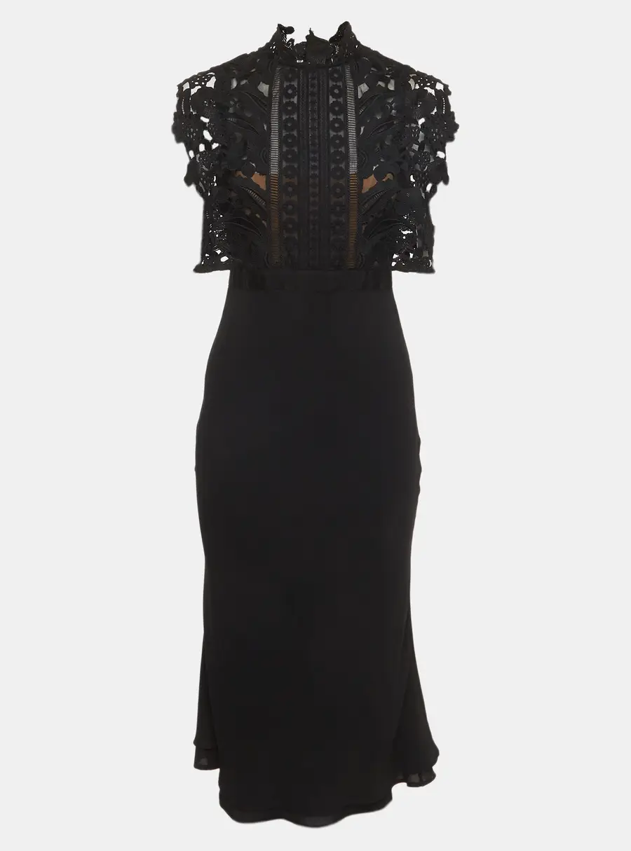 Self-Portrait Black Lace and Crepe Midi Dress M