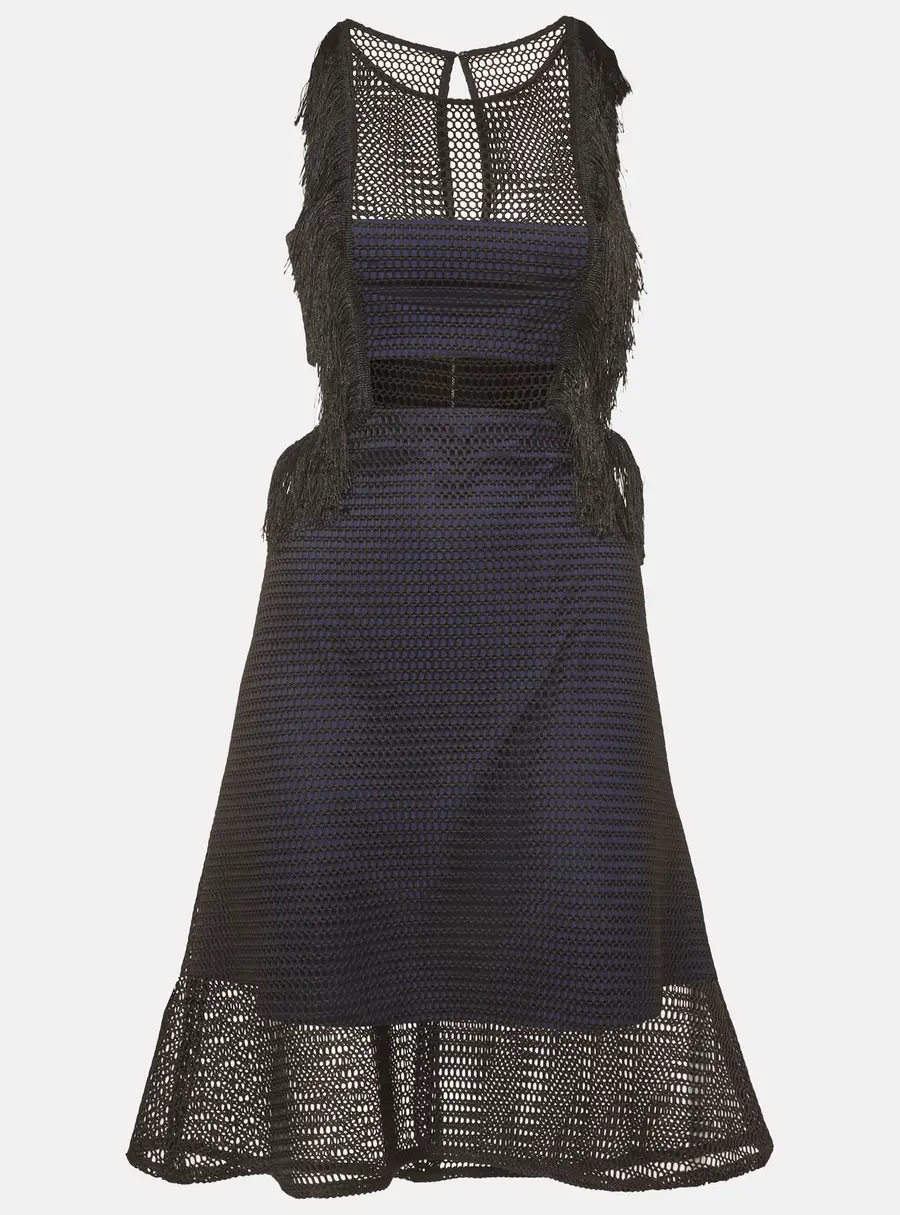Self-Portrait Black/Navy Blue Mesh and Knit Flared Fringe Dress M