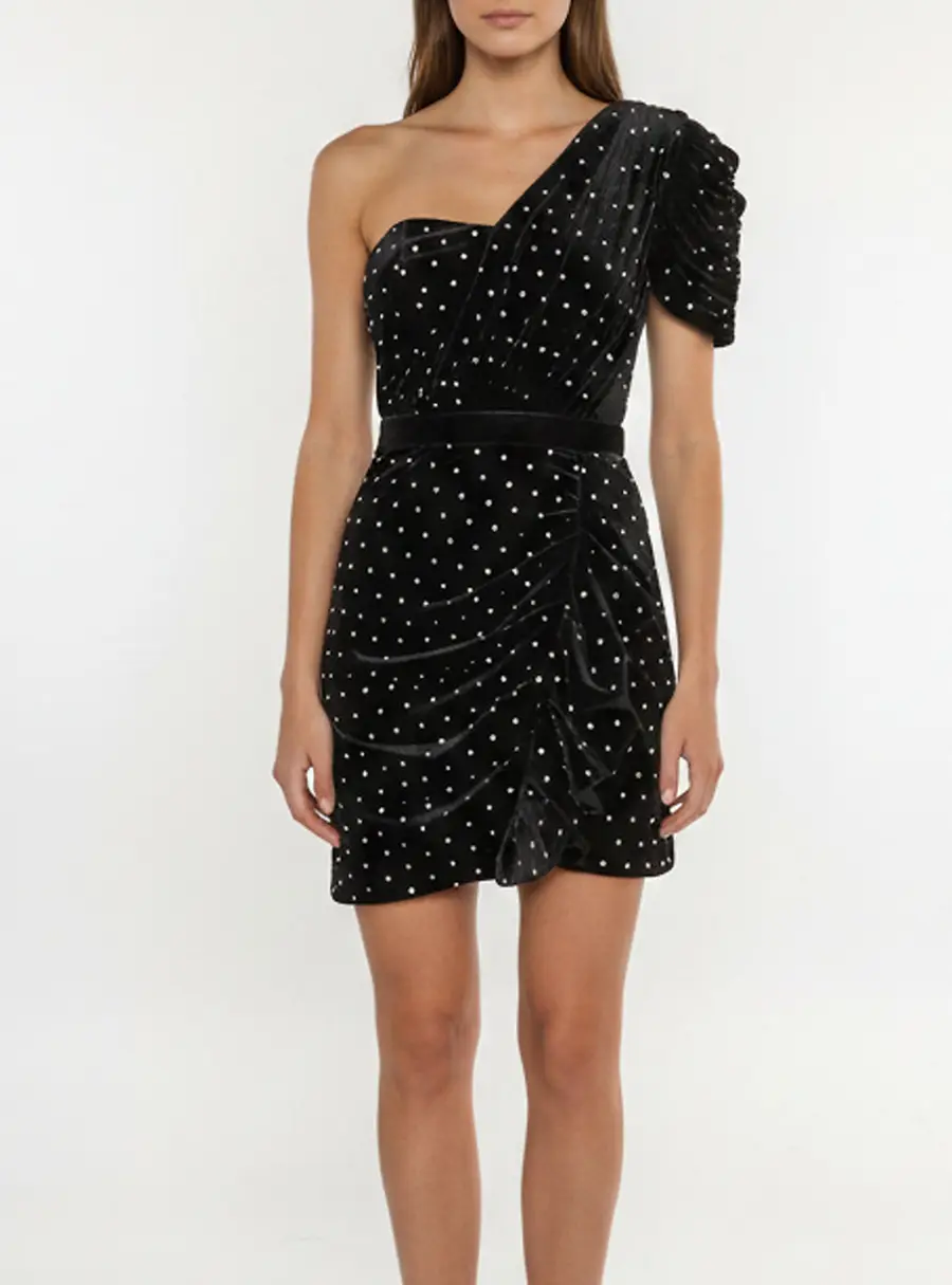Self-Portrait Black Embellished Velvet One Shoulder Mini Dress S