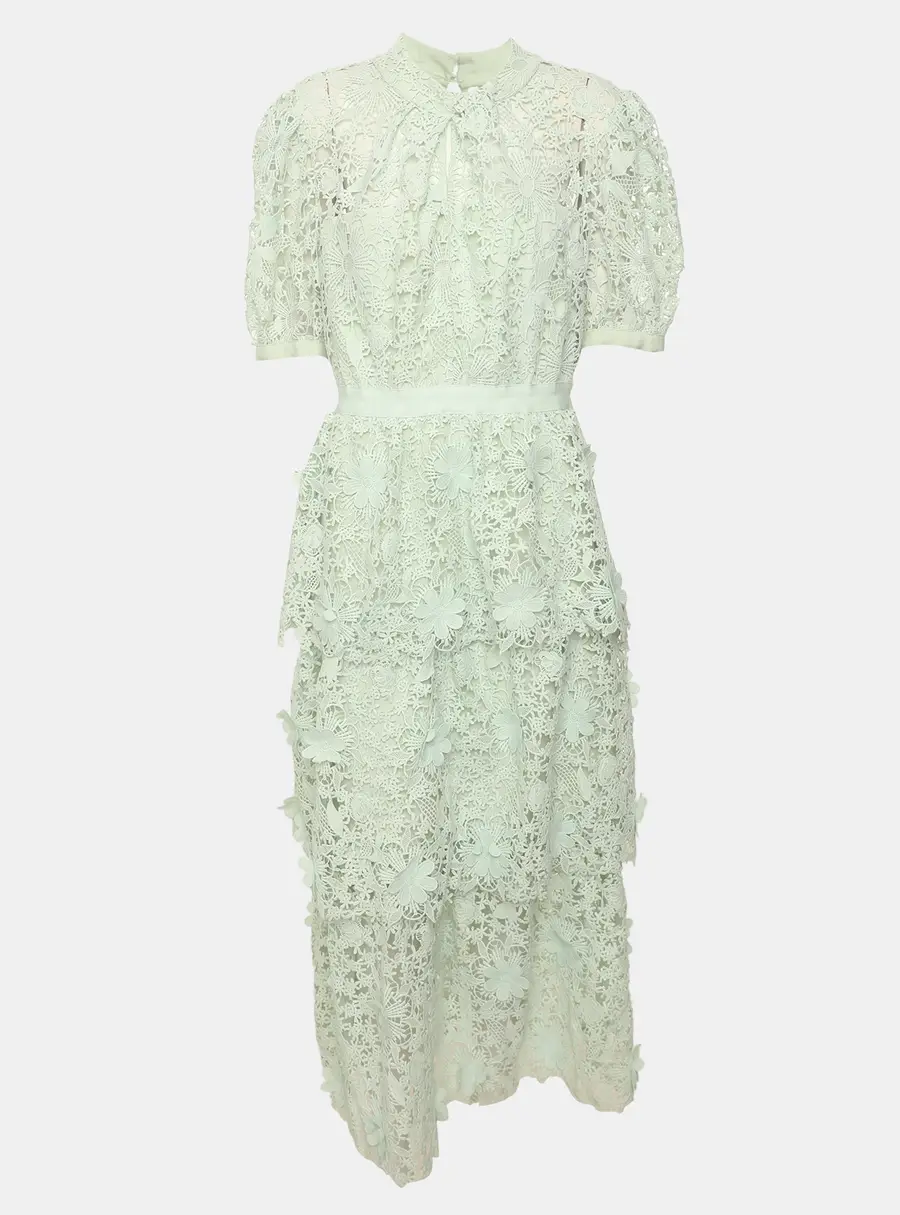 Self-Portrait Mint Green 3D Floral Lace Puffed Sleeves Midi Dress L