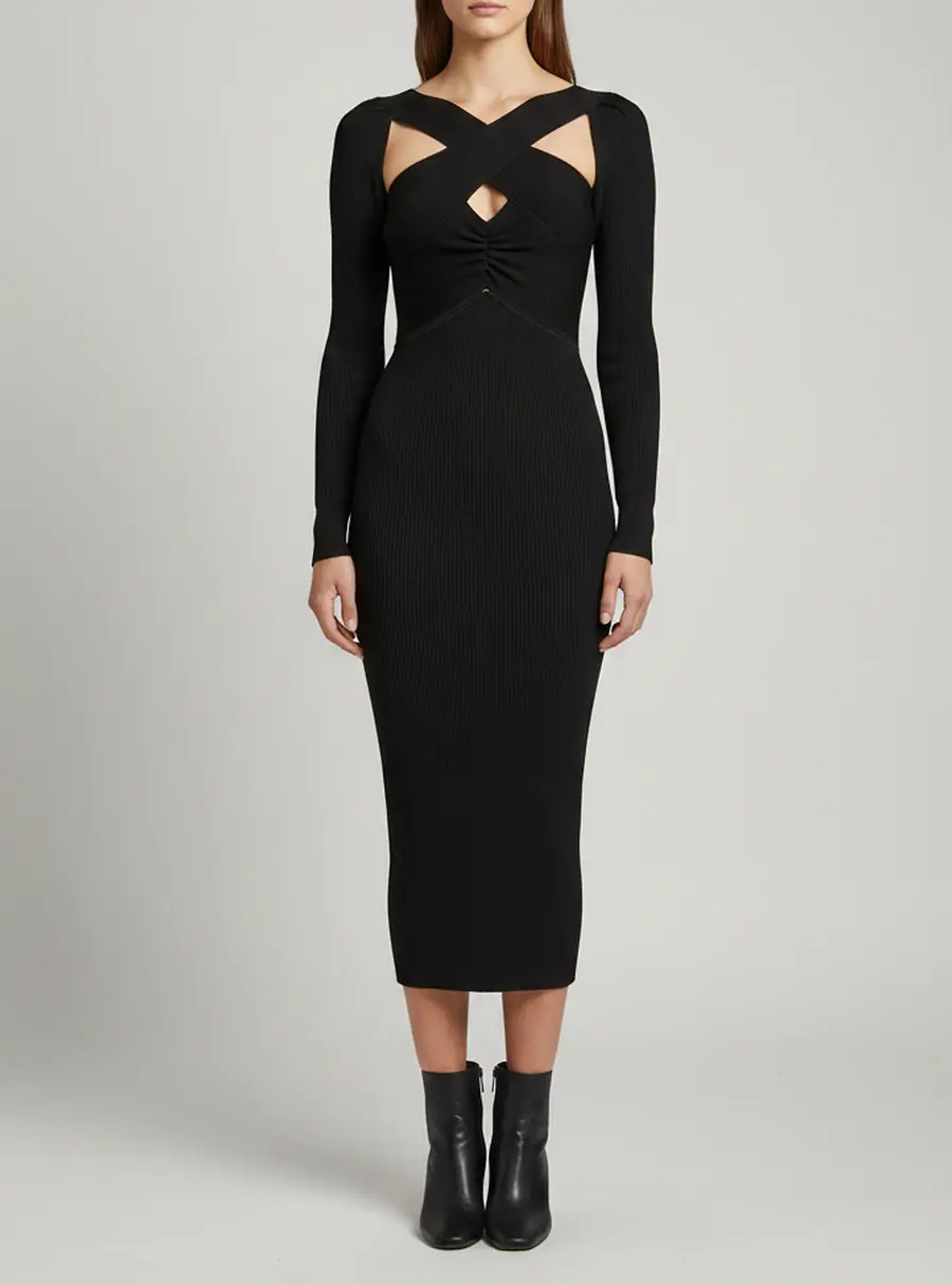 Self-Portrait Black Ruched Rib Knit Bodycon Midi Dress S