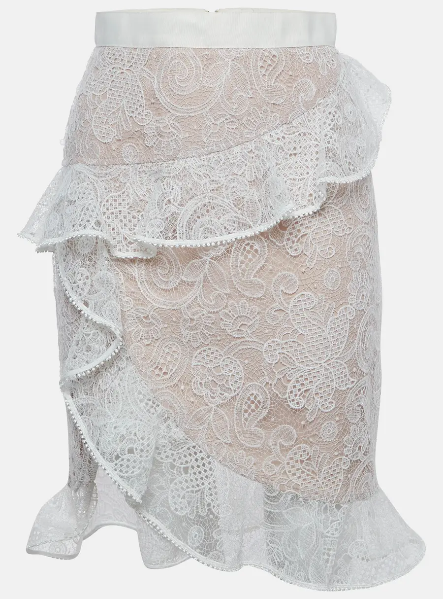 Self-Portrait White Floral Lace Ruffled Asymmetric Midi Skirt S