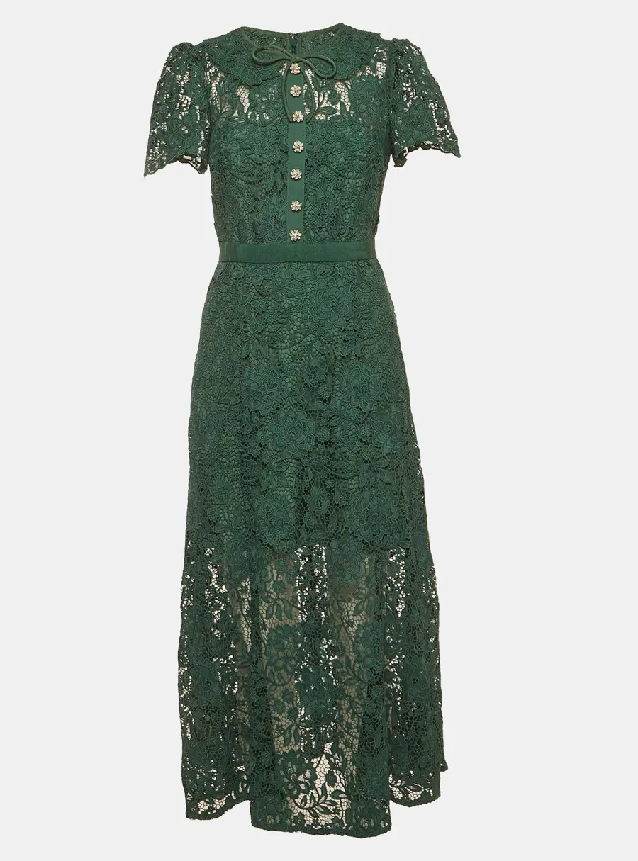 Self Portrait Green Crystal Embellished Floral Lace Midi Dress M