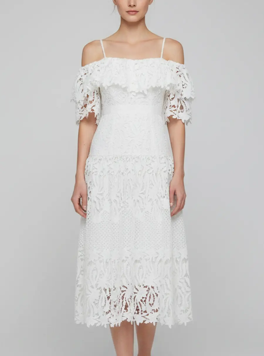 Self-Portrait White Guipure Lace Off-Shoulder Lily Midi Dress S