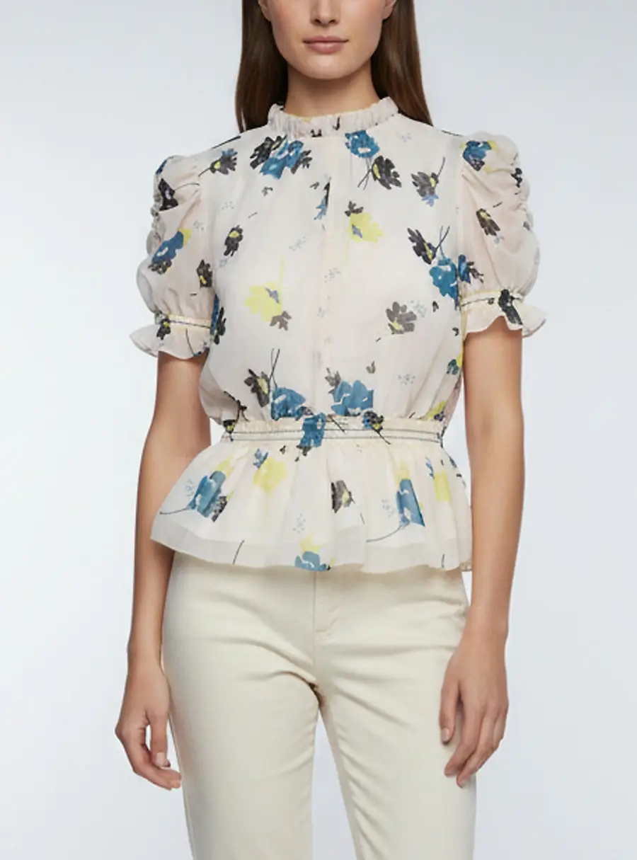 Self-Portrait Cream Floral Print Chiffon Peplum Blouse M