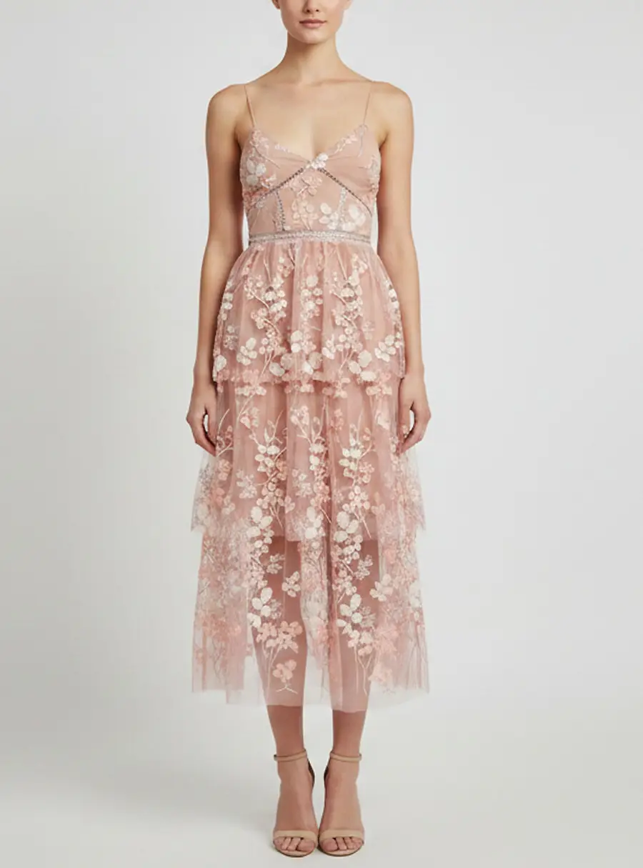 Self-Portrait Pink Tulle Floral Embellished Tiered Midi Dress S