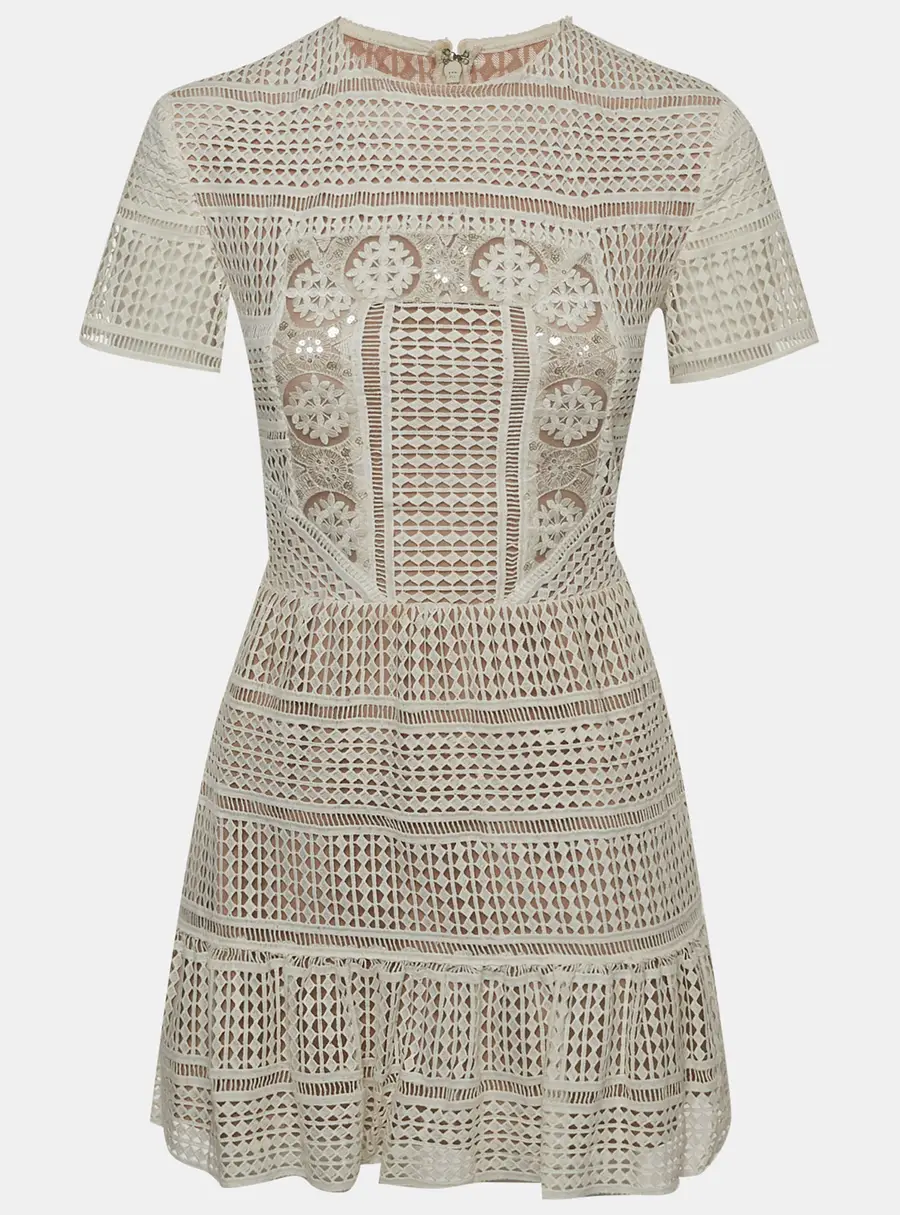 Self-Portrait White Patchwork Guipure Lace Short Sleeve Mini Dress S