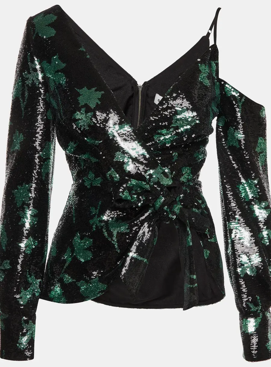 Self-Portrait Black/Green Leaf Sequined Asymmetrical Wrap Top S