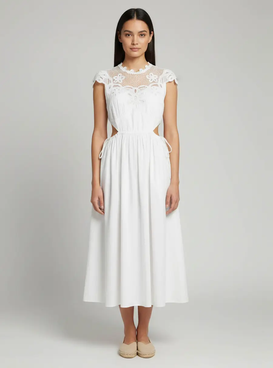Self-Portrait White Cotton Chemical Lace Bib Midi Dress M