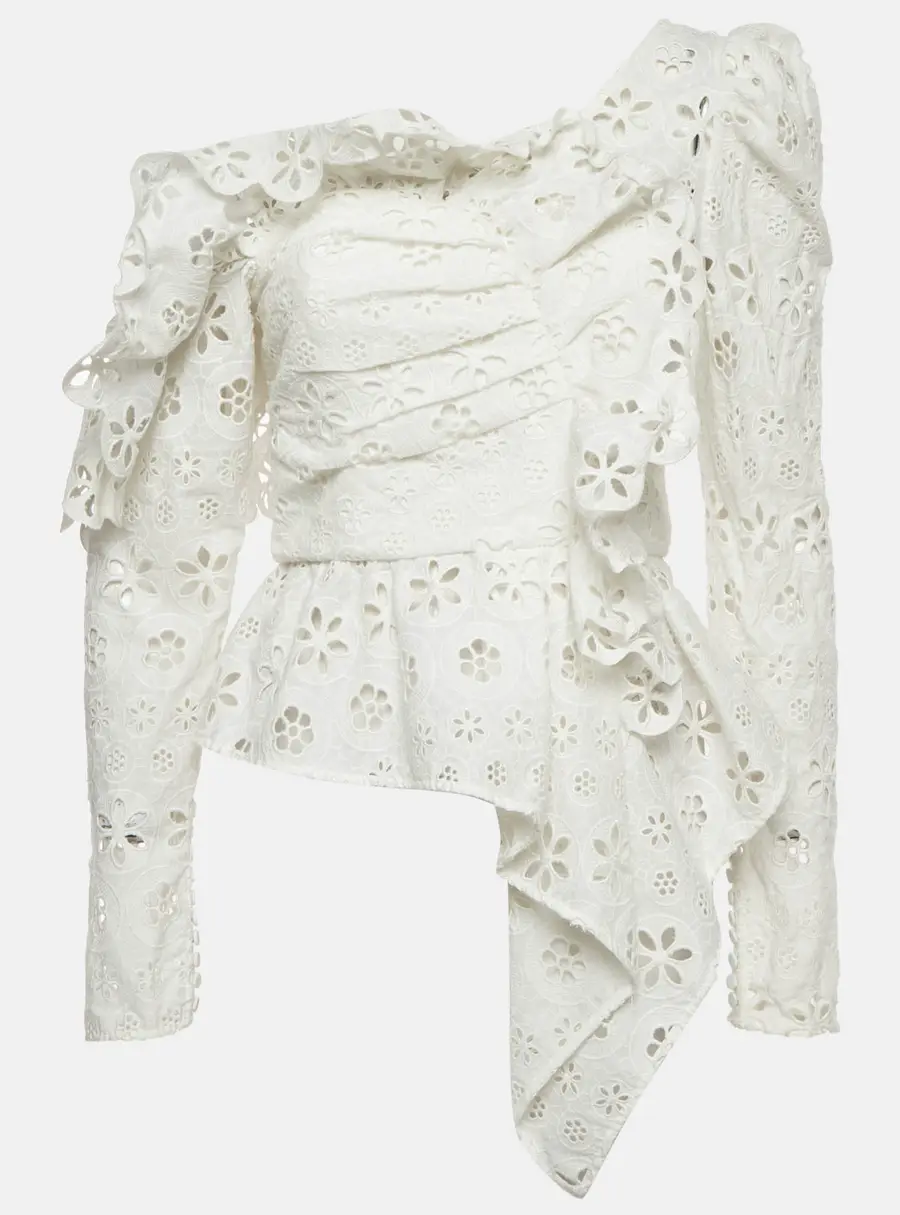 Self-Portrait White Cotton Asymmetric Floral Broderie Top S