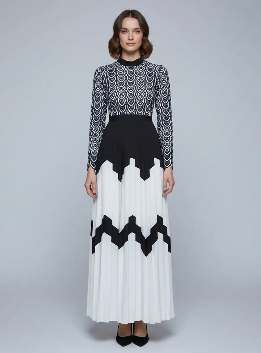 Self Portrait Multicolor Crepe and Lace Long Sleeve Maxi Dress S