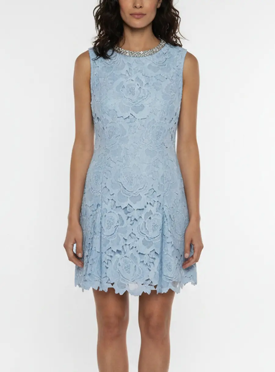 Self-Portrait Blue Crystal Embellished Floral Lace Mini Dress M