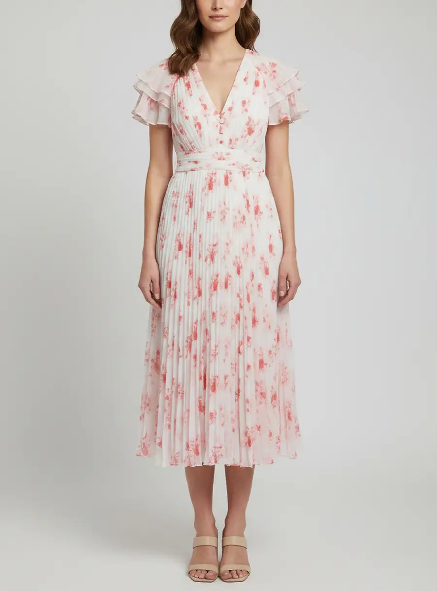 Self-Portrait Pink Chiffon Pleated Floral Print Midi Dress S
