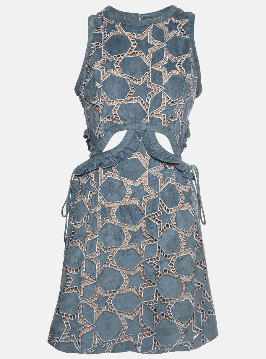 Self-Portrait Grey Embroidered Suede Cutout Mini Dress M