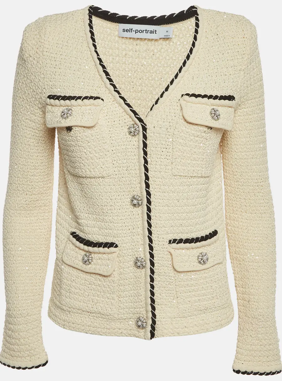 Self-Portrait Cream Sequin Embellished Knit Cardigan M