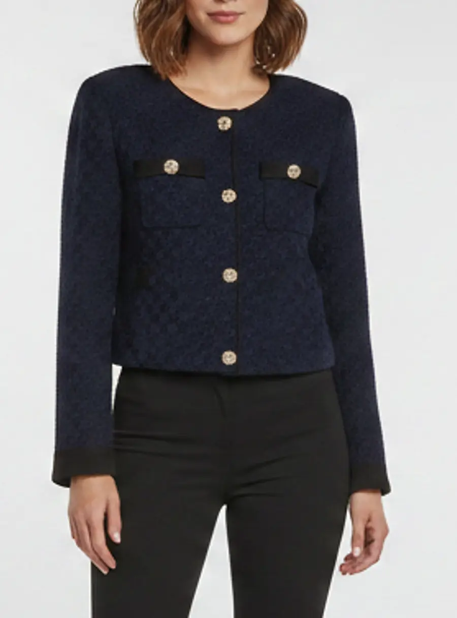 Self-Portrait Metallic Navy Blue Woven Cropped Cardigan M