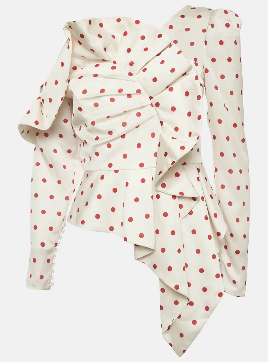 Self-Portrait Off White Polka Dot Print Satin Draped One Shoulder Top M