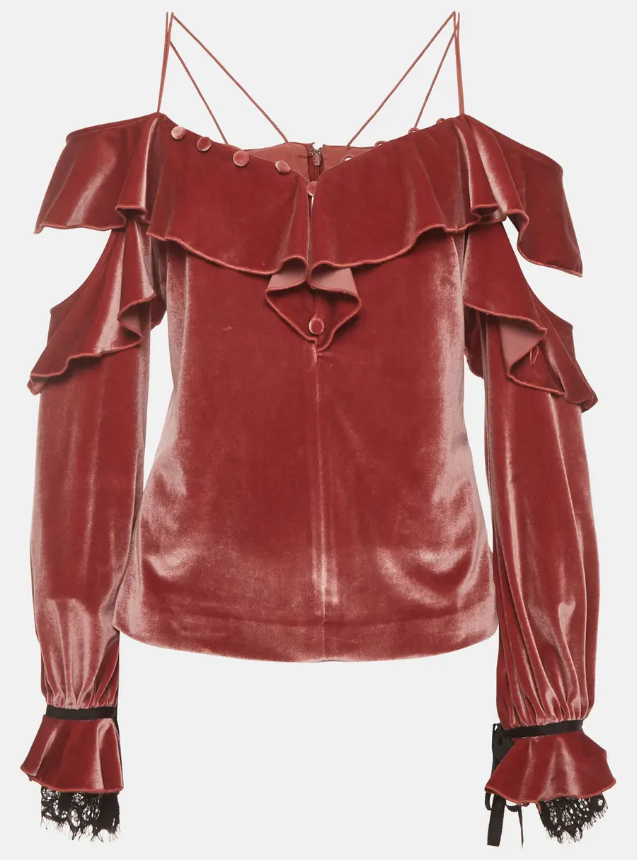 Self-Portrait Pink Velvet Ruffled Off Shoulder Top M