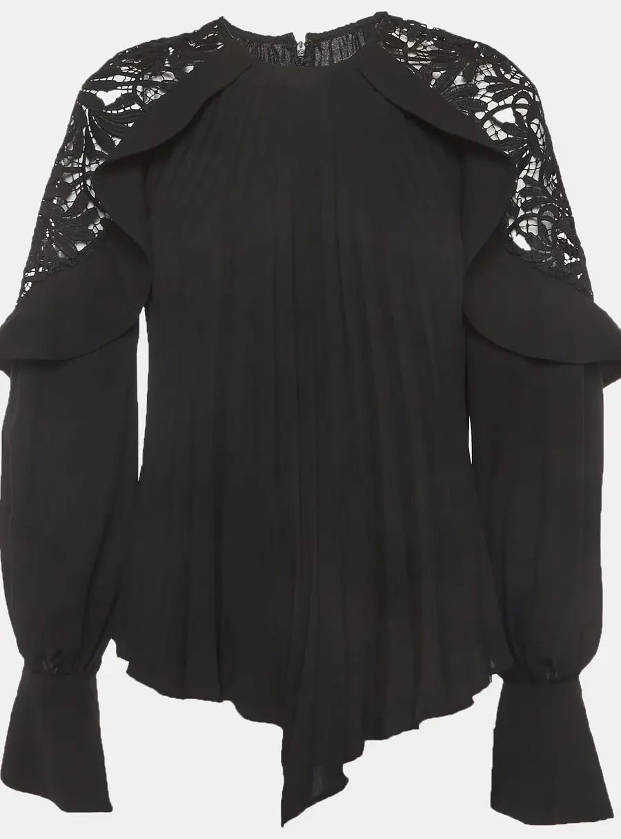 Self-Portrait Black Crepe Lace Asymmetric Pleated Blouse S