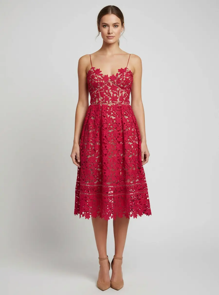 Self-Portrait Pink Floral Guipure Lace Strappy Midi Dress S