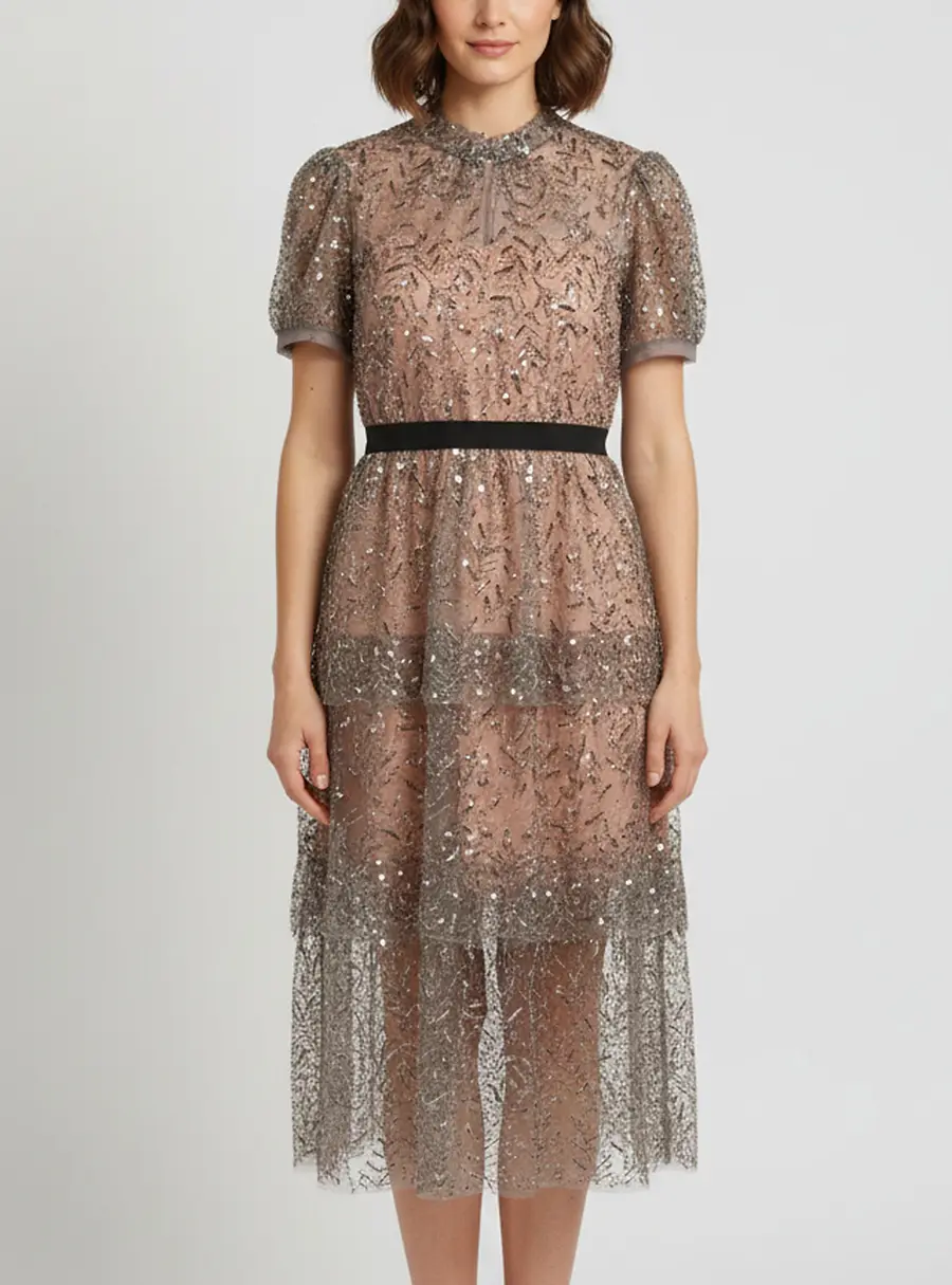 Self-Portrait Grey Leaf Sequin Tulle Tiered Midi Dress M