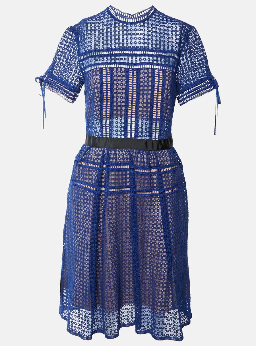 Self-Portrait Blue Eyelet Lace Pleated Aurelia Midi Dress M