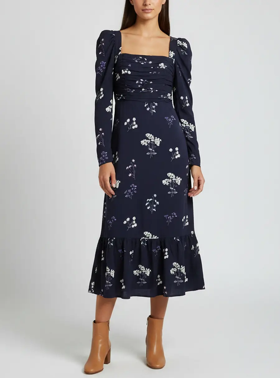 Self-Portrait Navy Vintage Floral Print Crepe Fit and Flared Midi Dress M