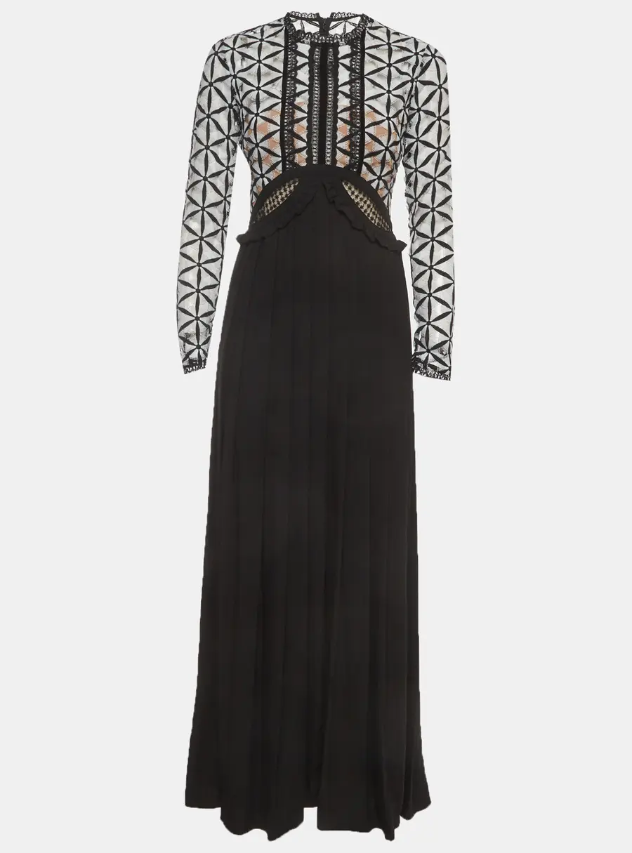 Self-Portrait Monochrome Guipure Lace and Crepe Pleated Maxi Dress S