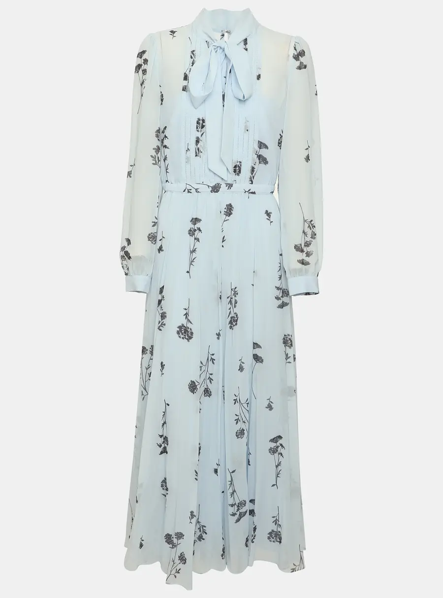 Self-Portrait Blue Printed Chiffon Bow Tie Midi Dress S