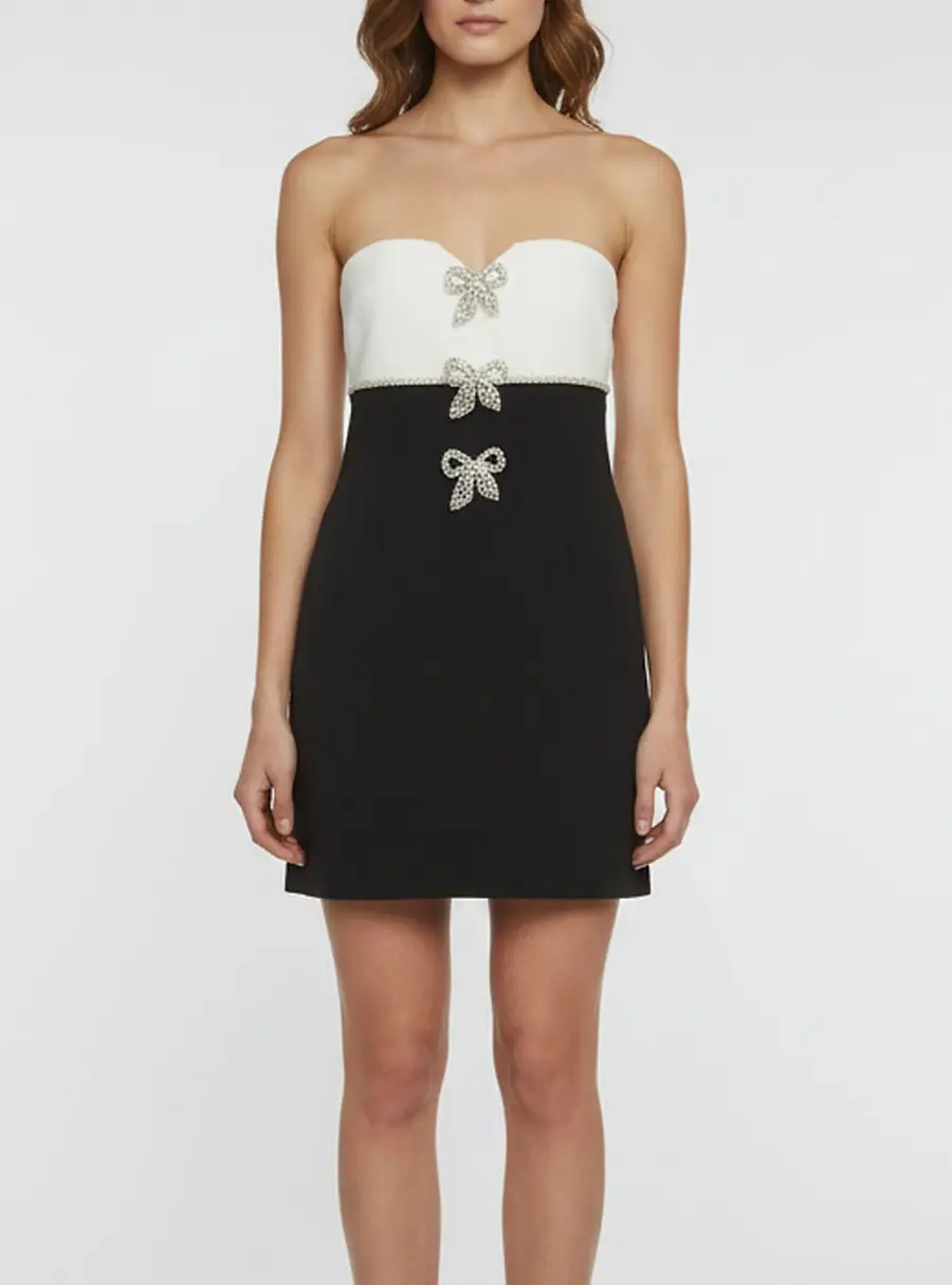 Self-Portrait White/ Black Crepe Bow Strapless Mini Dress S