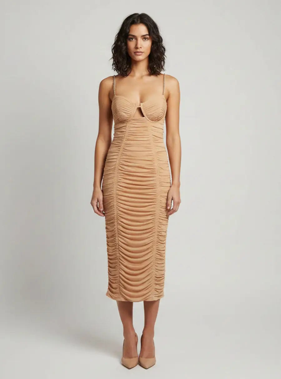 Self-Portrait Beige Power Mesh Midi Dress L
