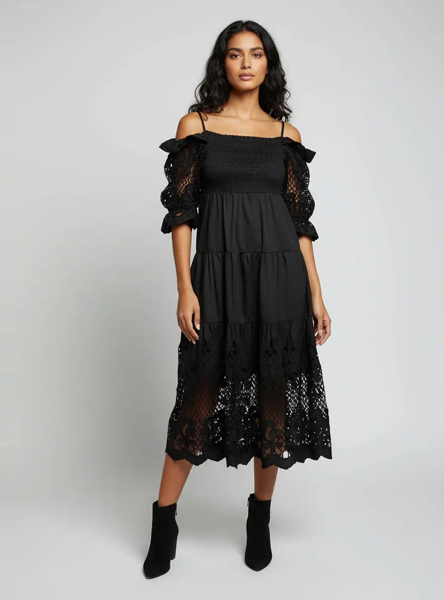 Self-Portrait Black Floral Lattice Embroidered Cotton Midi Dress L