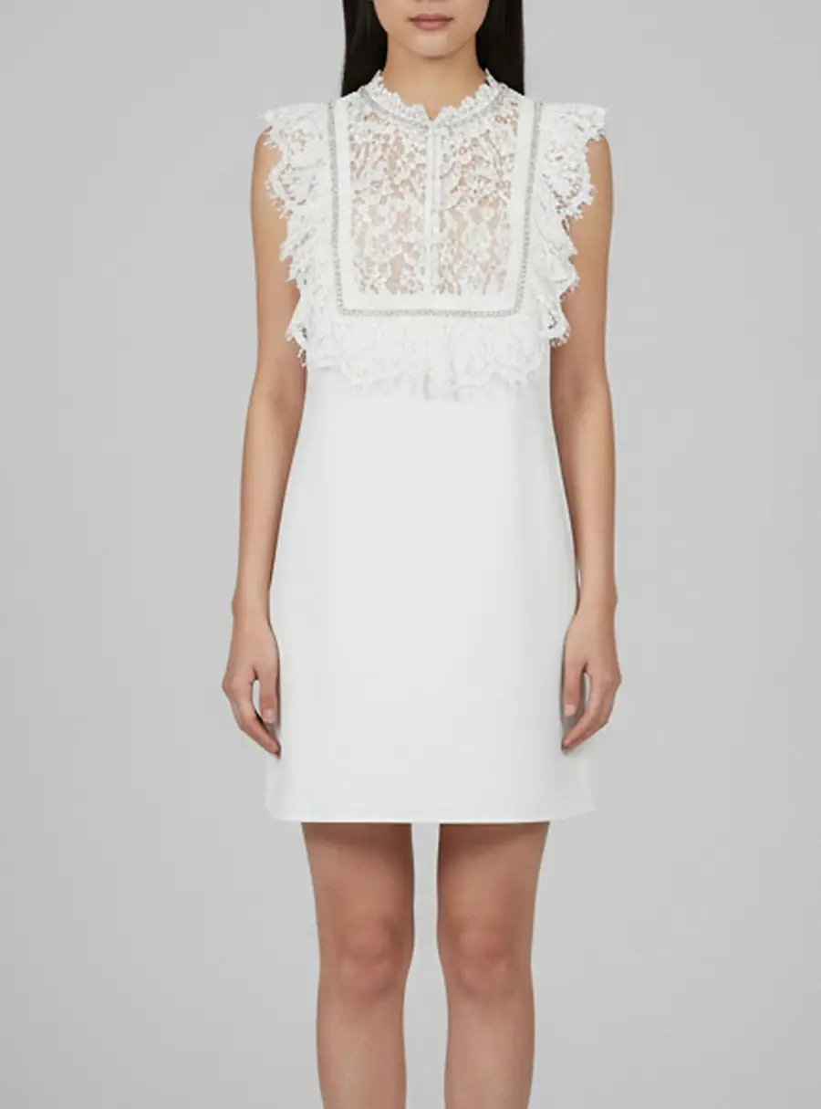 Self-Portrait White Crepe Lace Trim Ruffled Mini Dress M