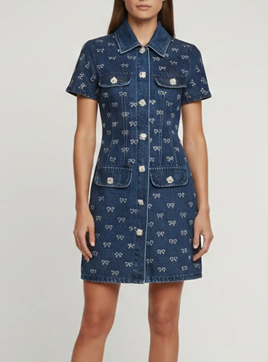 Self-Portrait Blue Denim Diamante Bow Mini Dress M