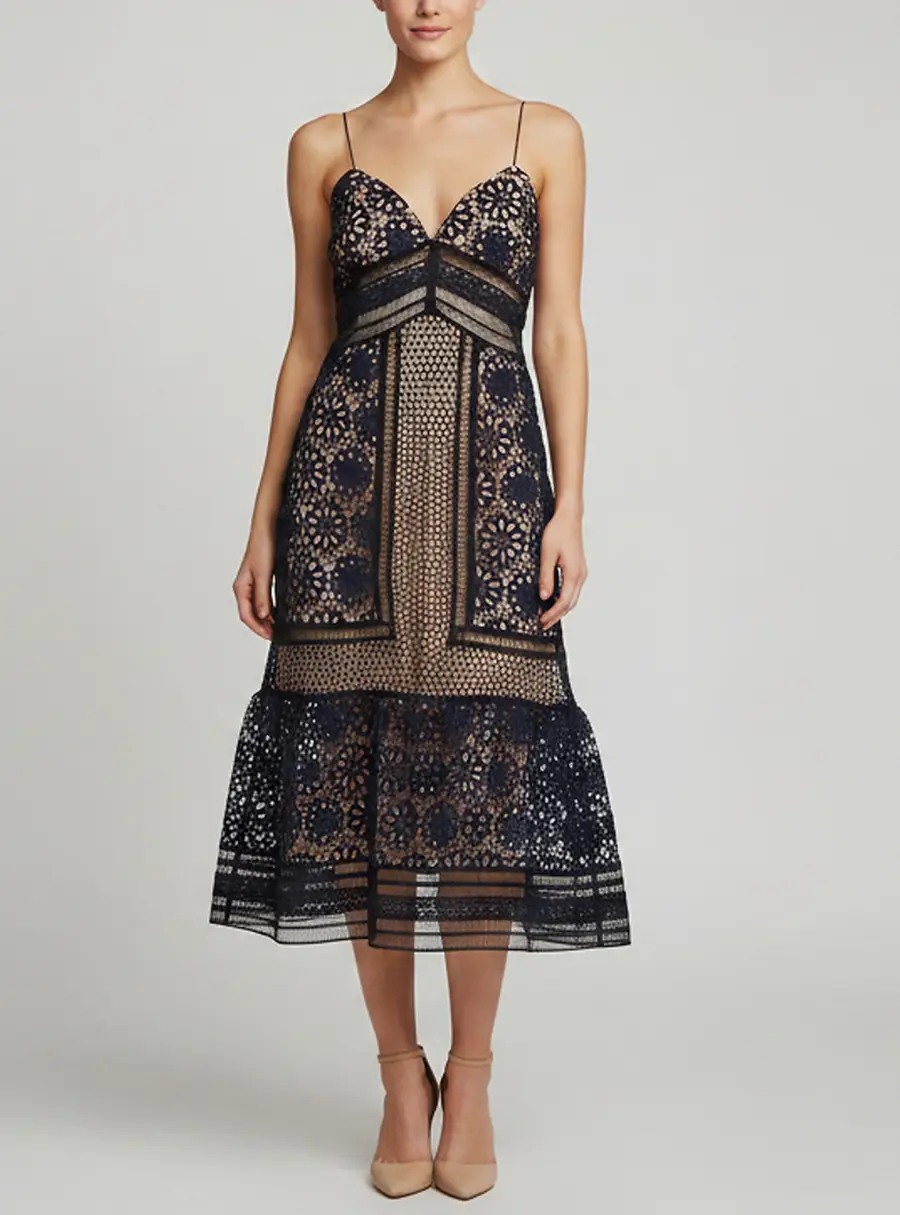Self-Portrait Navy Blue Floral Lace Strappy Midi Dress M