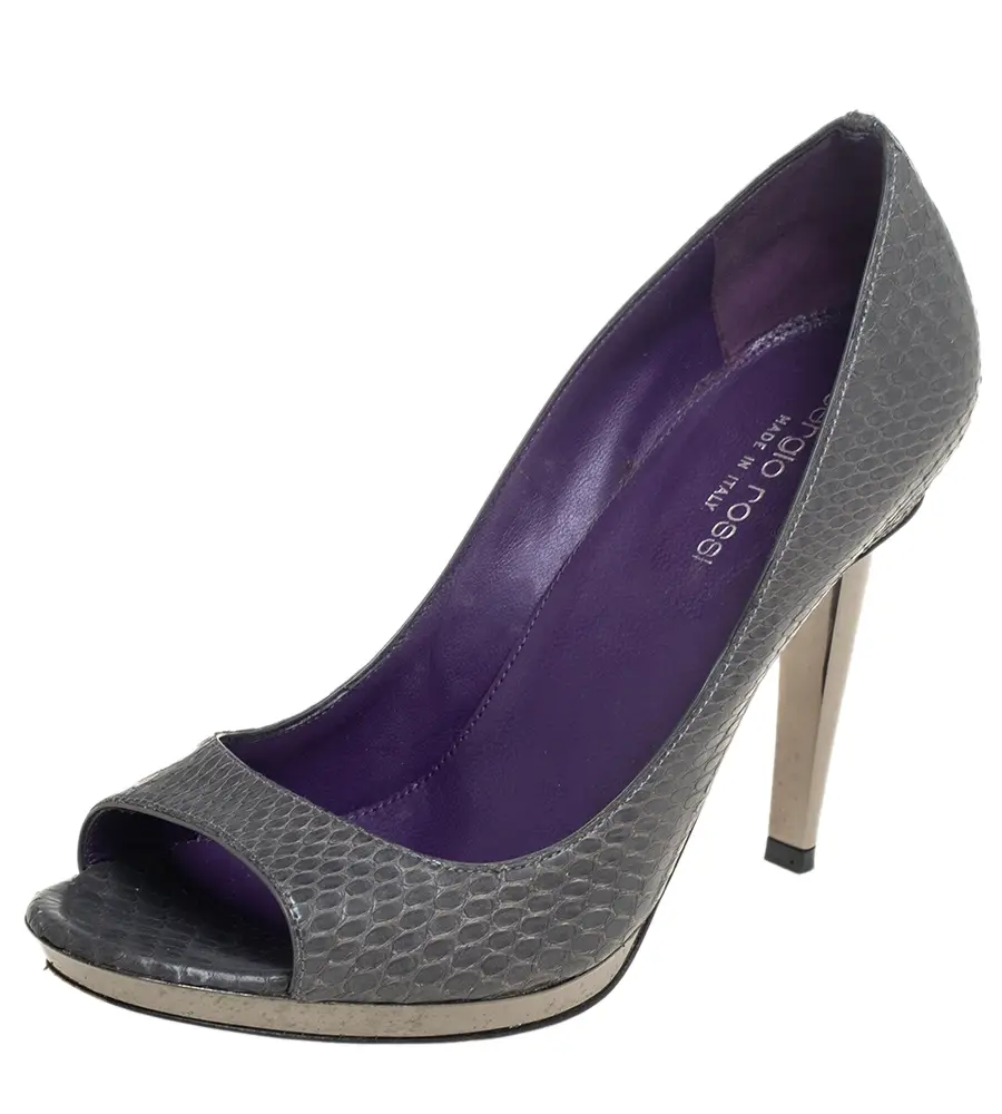 Sergio Rossi Grey Python Leather Peep Toe Pumps Size 37.5