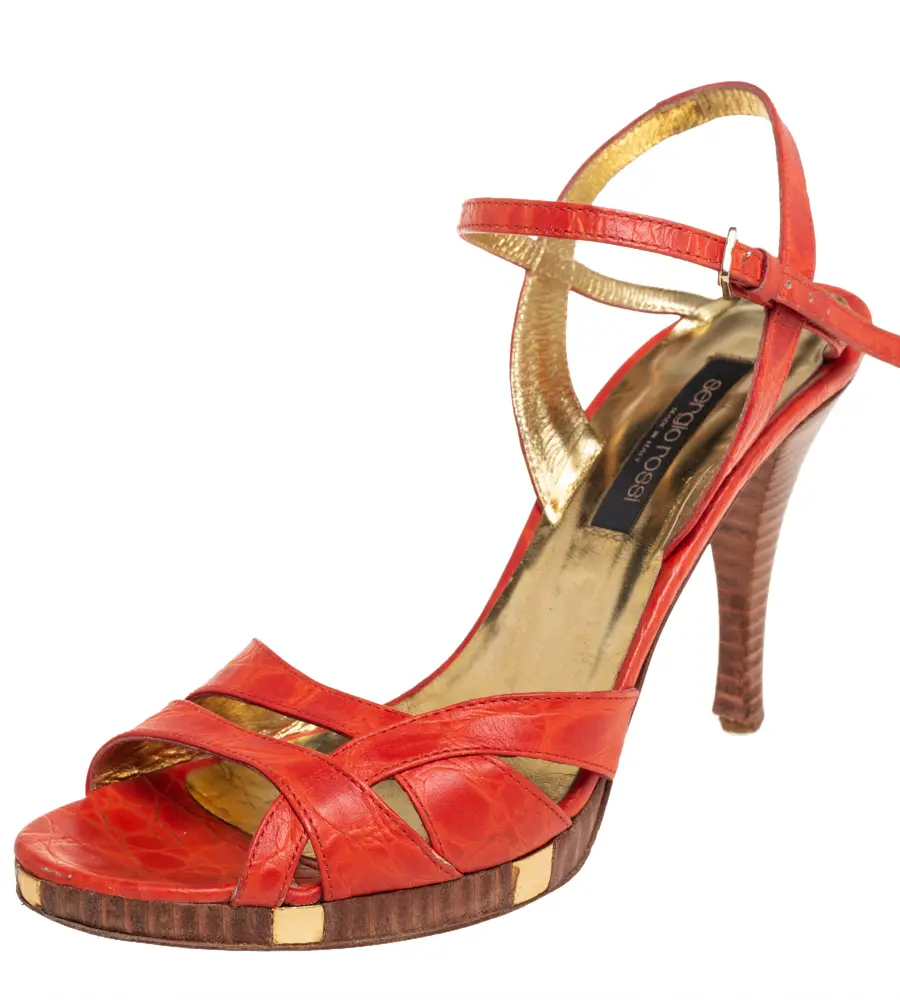 Sergio Rossi Orange Croc Embossed Leather Ankle Strap Sandals Size 37.5