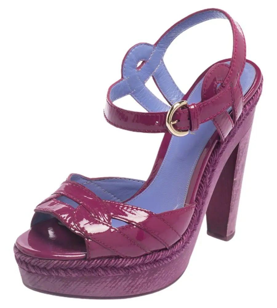 Sergio Rossi Purple Patent Leather Wooden Platform And Heel Ankle Strap Sandals Size 36
