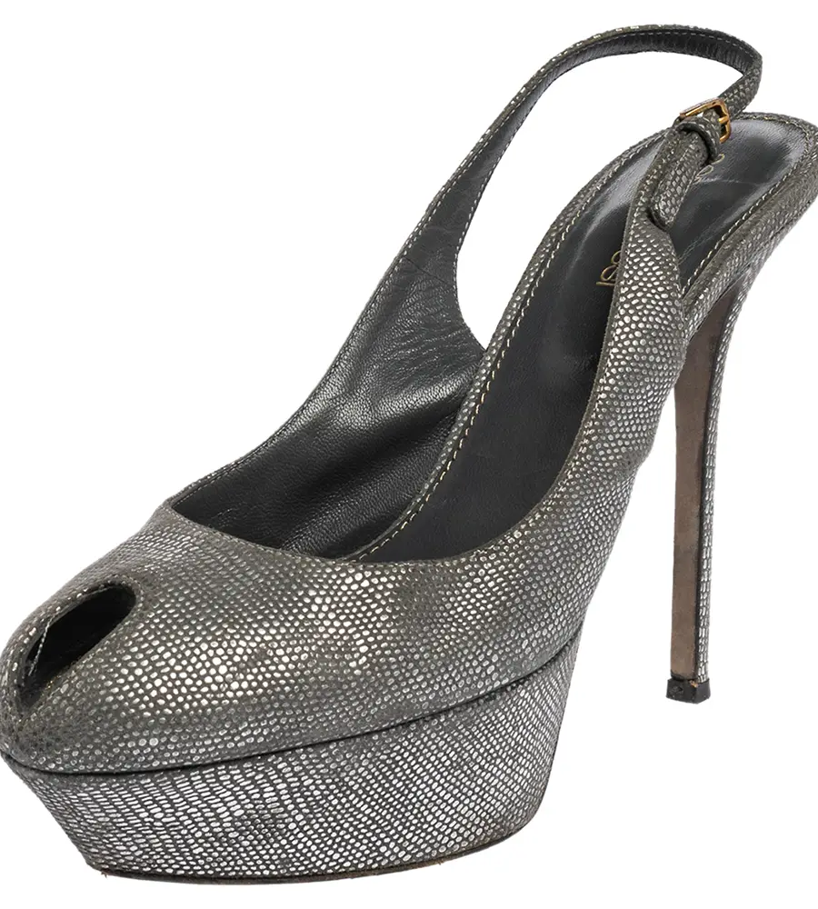 Sergio Rossi Grey/Silver Suede Cachet Peep Toe Platform Slingback Sandals Size 37.5