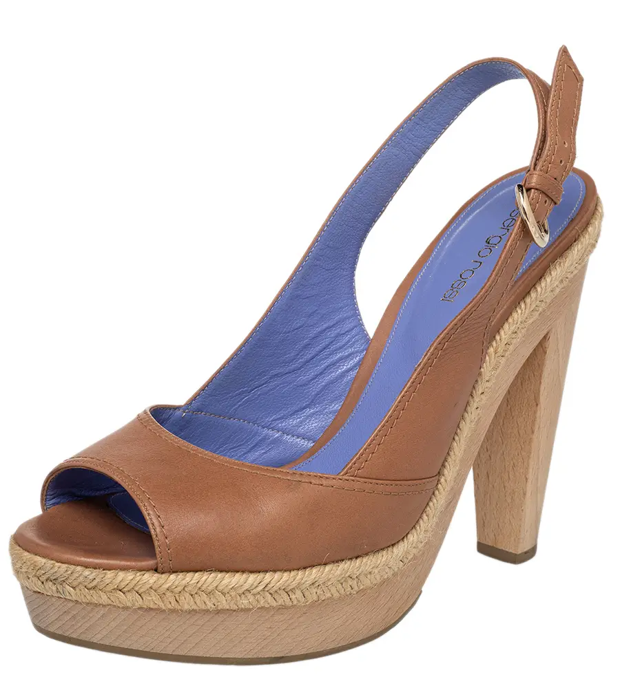 Sergio Rossi Brown Leather Platform Espadrille Slingback Sandals Size 39.5