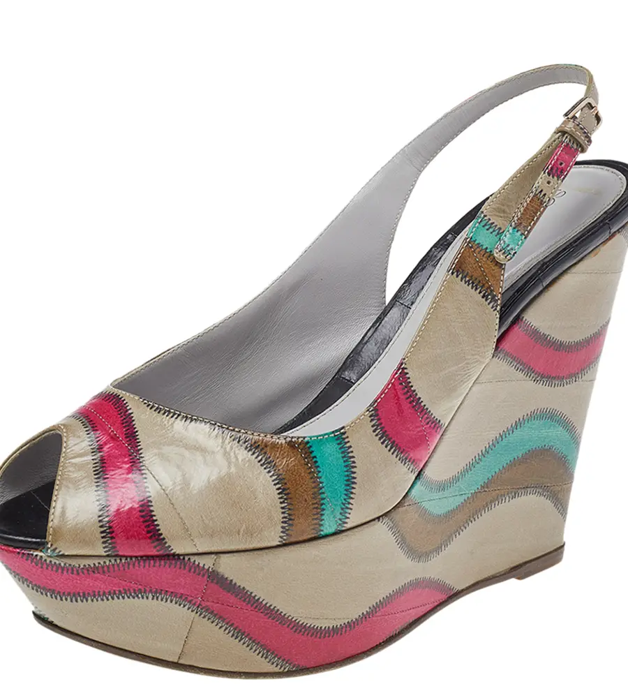 Sergio Rossi Multicolor Stitch Leather Platform Slingback Wedge Sandals Size 39