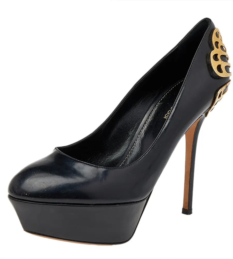 Sergio Rossi Black Leather Butterfly Plaque Platform Pumps Size 38.5