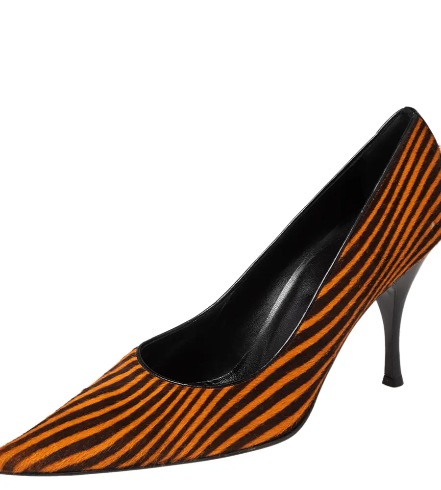 Sergio Rossi Orange/Brown Stripes Print Pony Hair Pointed Toe Pumps Size 41