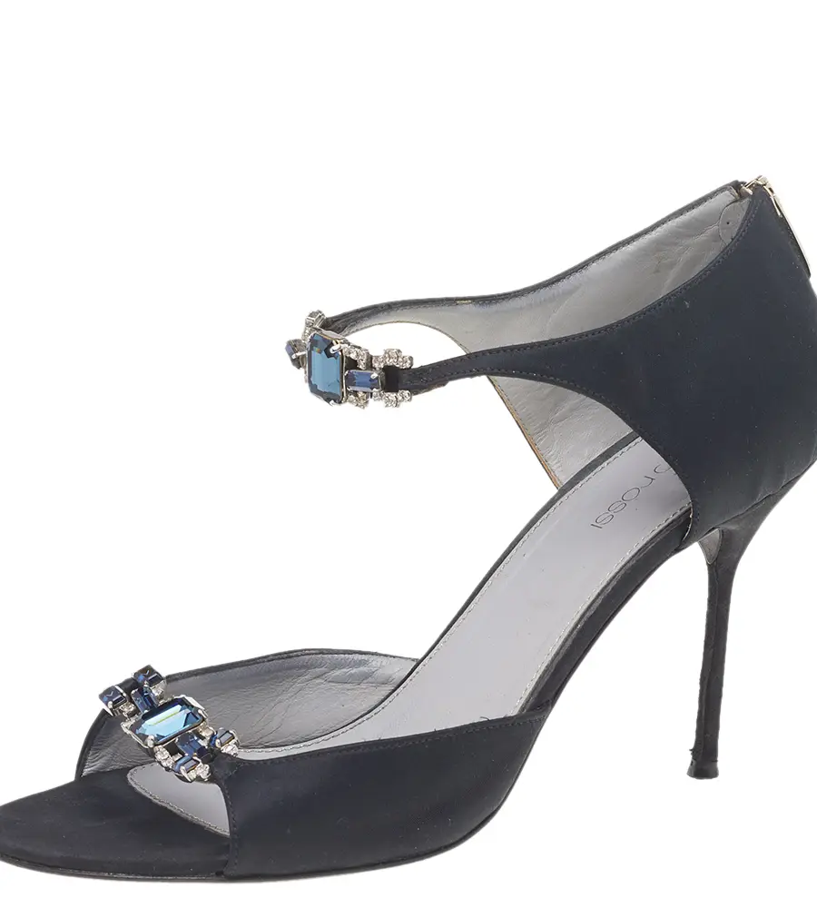 Sergio Rossi Black Satin Embellished Open Toe Pumps Size 40