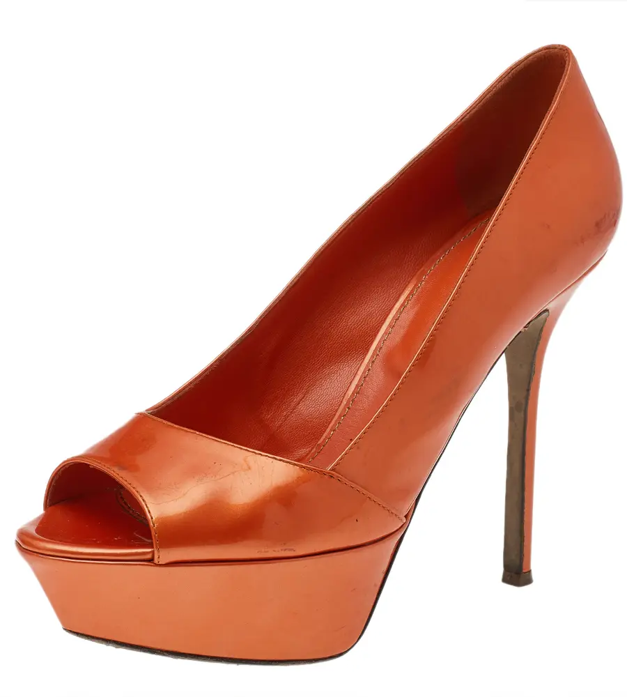 Sergio Rossi Orange Patent Leather Peep Toe Platform Pumps Size 36.5