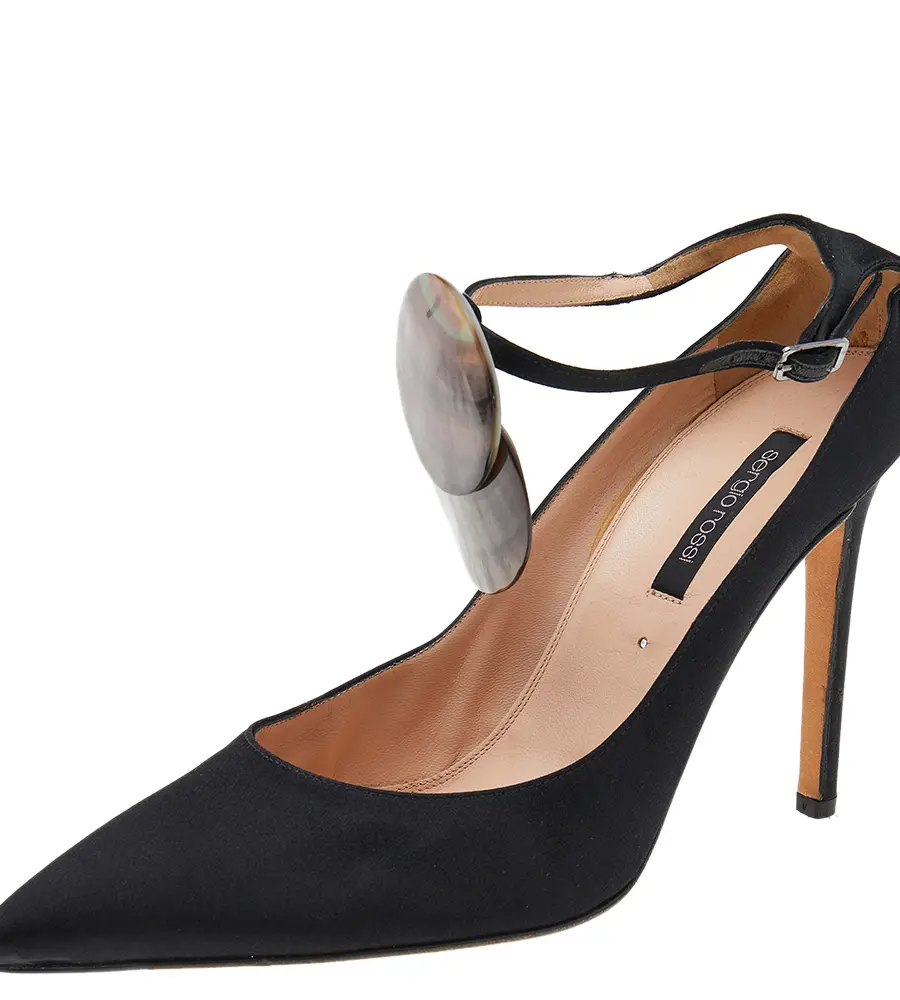 Sergio Rossi Black Satin Pointed Toe Ankle Strap Sandals Size 39