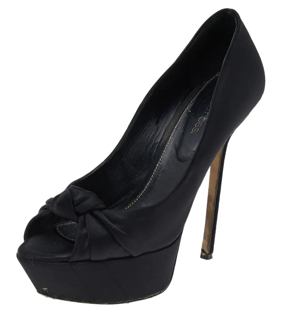 Sergio Rossi Black Satin Knotted Peep Toe Platform Pumps Size 38